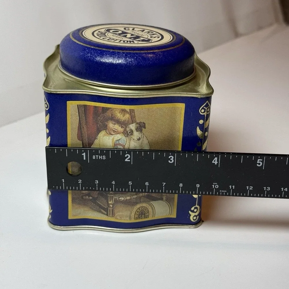 Vintage Clark's O.N.T. Spool Cotton Tin Blue Gold Advertising Sewing Can‎